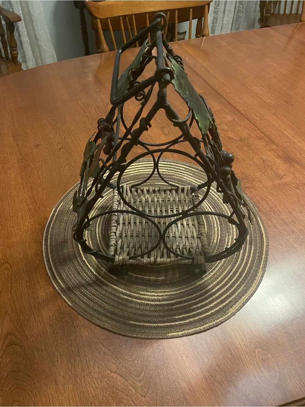 Rustic Wrought Iron and Wicker Decorative Wine Rack (3 bottle)